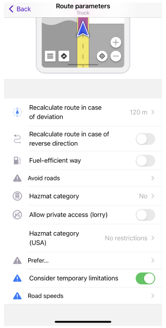 إعدادات توجيه الشاحنة على iOS 2