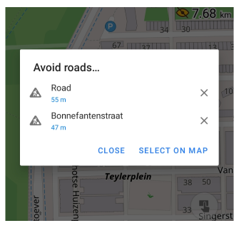 Liste der zu meidenden Straßen auf der Karte Android