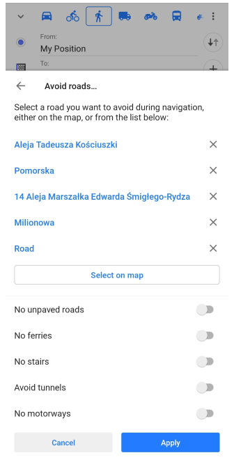 Menü &quot;Straßen meiden&quot; Android