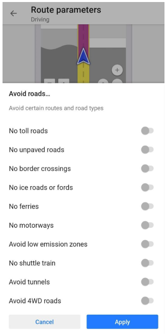 Zu vermeidende Straßen Android