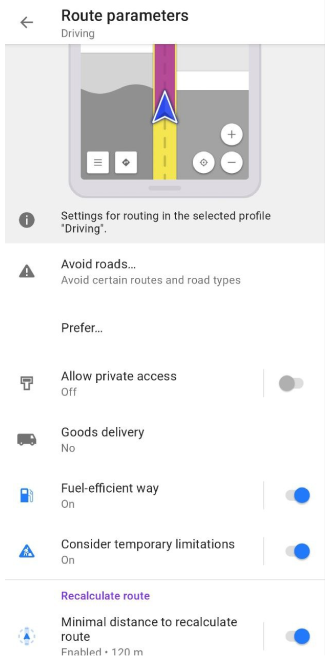 Autorouting-Einstellungen Android