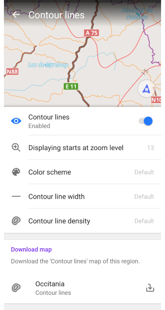 Menú de curvas de nivel Android