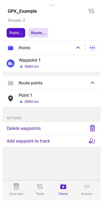 Menú contextual del track Puntos en iOS