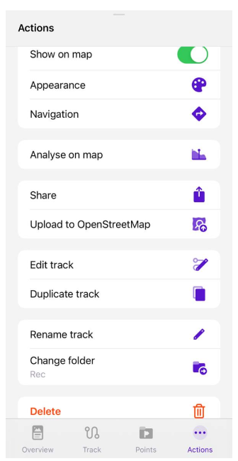 Opzioni menu traccia iOS