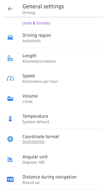 Ustawienia ogólne profili Jednostki i formaty Android