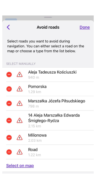Menu Evitar estradas iOS
