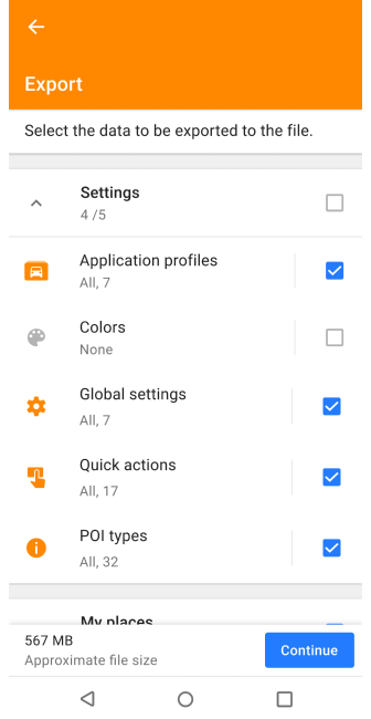 Дії з профілями Експорт Android