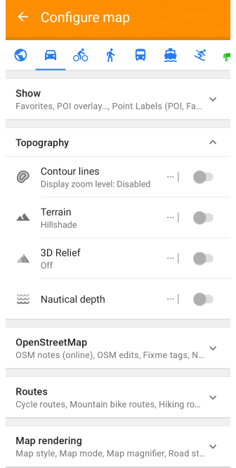 Меню налаштування мапи профілю Android