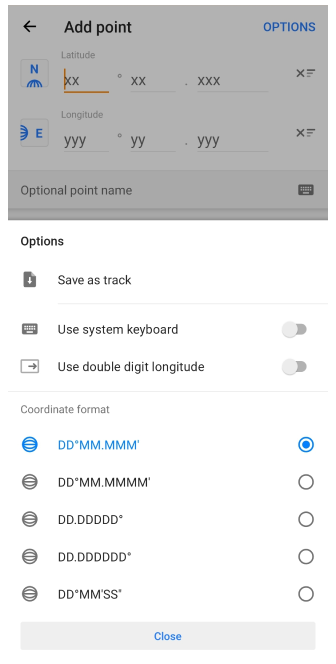 قائمة خيارات إدخال الإحداثيات Android