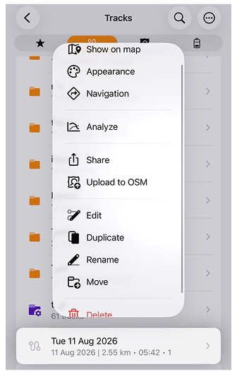 Context menu of a track in iOS