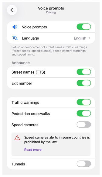 Voice Navigation settings iOS