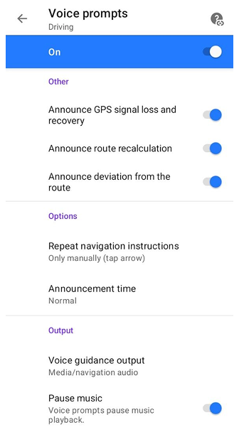 Voice Navigation settings Android