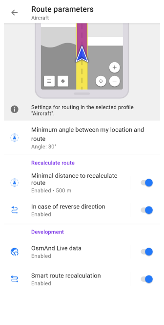 Einstellungen für geradlinige Routenführung Android 1