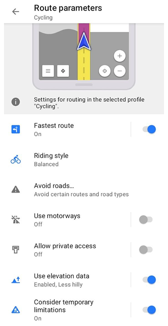 Ajustes de enrutamiento para bicicleta