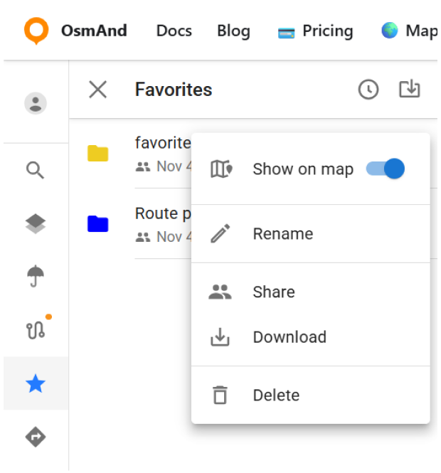 Editar favoritos en la nube de OsmAnd Web