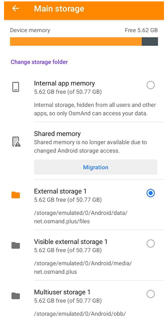 Ajustes de almacenamiento de perfiles Android
