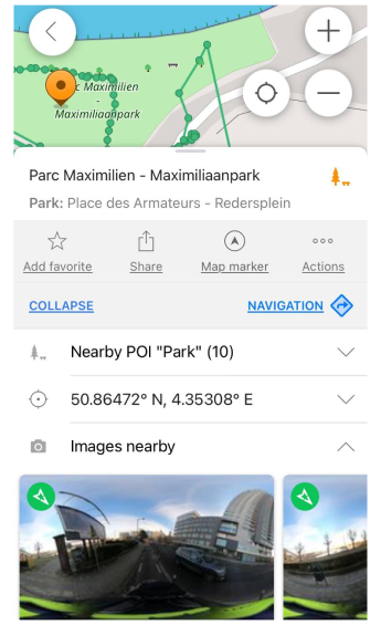 Menú contextual del mapa del complemento de Mapillary iOS
