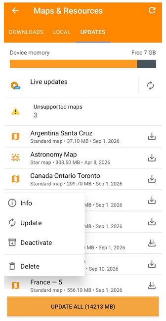 Menú de mapas Pestaña Actualizar Android