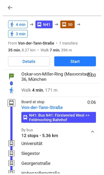 Lista de paradas de navegación de transporte público Android