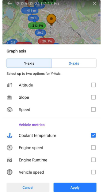Menu de la trace analyser sur la carte Android