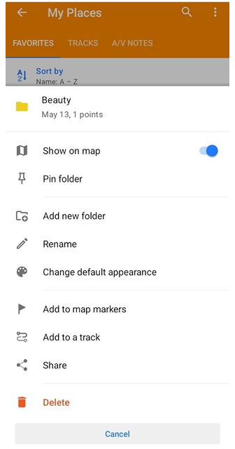 Fonctions du dossier de favoris Android