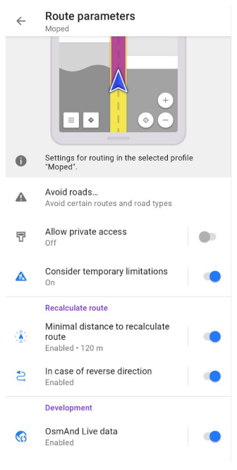 Paramètres d&#39;itinéraire cyclomoteur Android