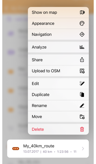 Menu contextuel d&#39;une trace sur iOS
