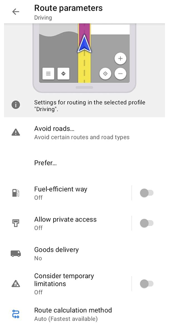 Paramètres d'itinéraire voiture Android