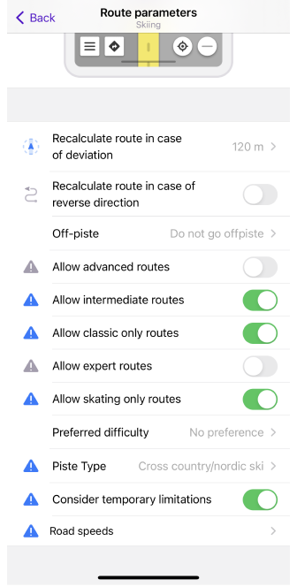 Paramètres de routage de ski iOS 1