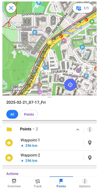 Points du menu contextuel de la trace Android