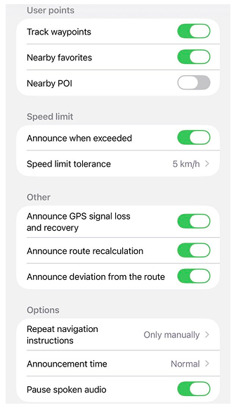 Paramètres de navigation vocale iOS