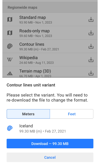 Finestra di dialogo per il download delle curve di livello Android