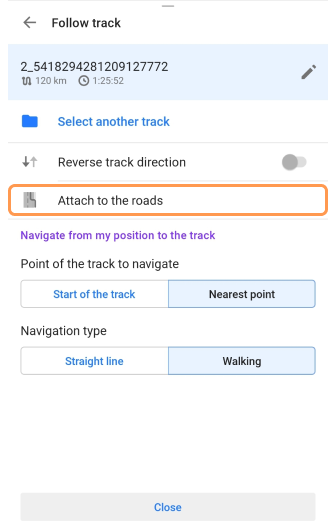Schermata Navigazione tramite traccia Android