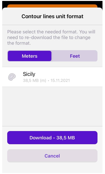 Finestra di dialogo per il download delle curve di livello iOS