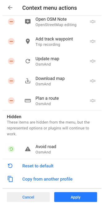 Menu contestuale mappa Personalizza