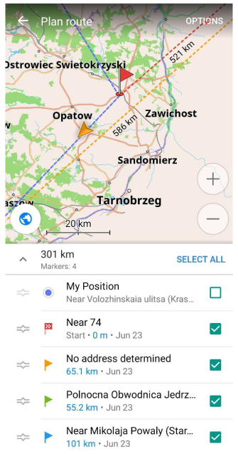 Punti di pianificazione percorso marcatori mappa Android