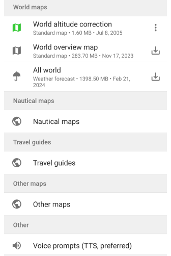 Menu di download mappe Android