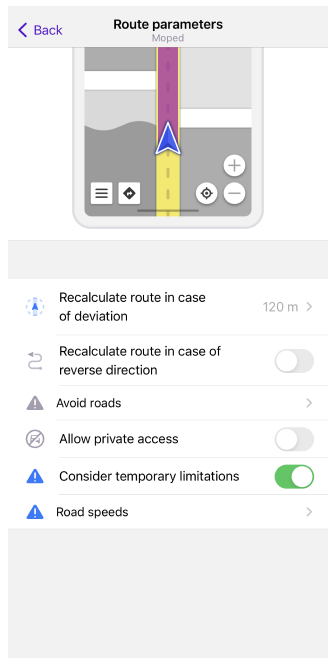 Impostazioni percorso motorino iOS