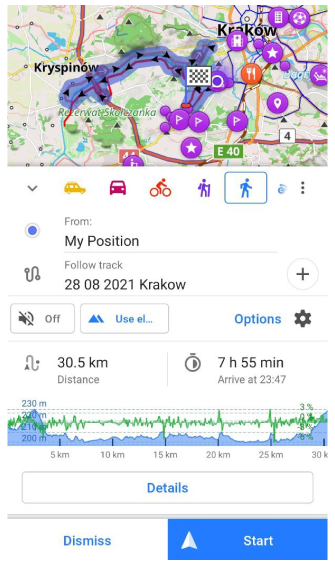 Schermata Navigazione tramite traccia Android