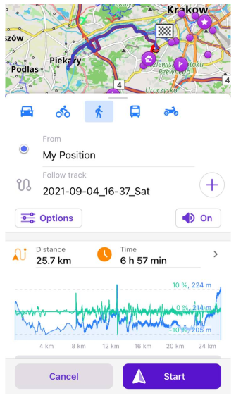 Schermata Navigazione tramite traccia iOS