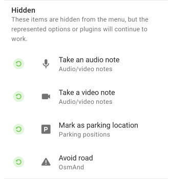 Menu Configura mappa Ripristina profilo Android