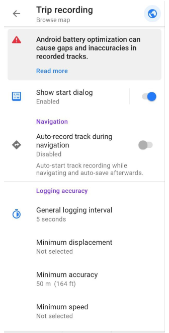 Configurazione della registrazione viaggio in Android