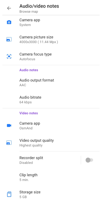 Impostazioni del plugin audio video Foto Android