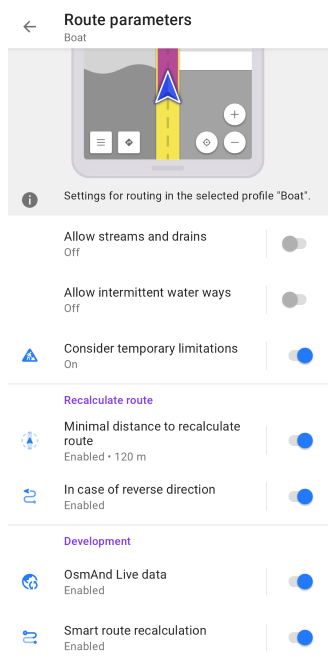 Ustawienia wyznaczania tras dla łodzi Android