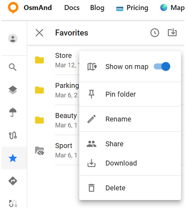 Edycja ulubionych w chmurze OsmAnd Web