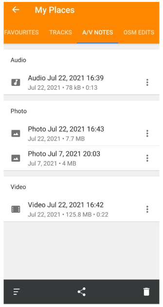 Menu Meus locais do plugin de áudio e vídeo Três ações