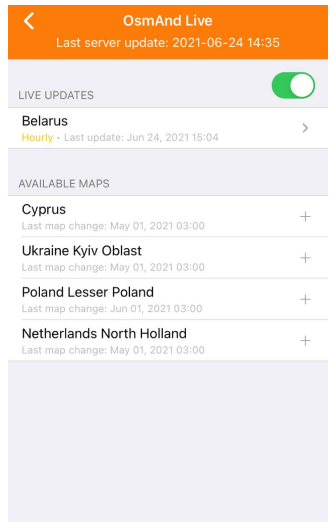 Menu de mapas OsmAnd live iOS