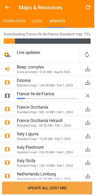 Menu de mapas Atualizar mapas Android