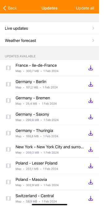 Menu de mapas Atualizar mapas iOS