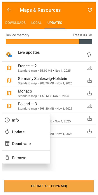 Menu de mapas Aba Atualizar Android